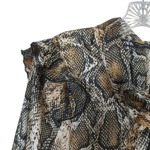 Zara Women's Snake Print Ruffled Career Blouse Size S With Tie Neck Long Sleeves - Picture 5 of 13